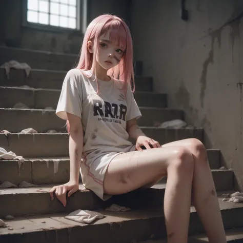 A Japanese woman . Pink hair with bangs.  Sitting stairs. worn-out T-shirt, dirty body, dirty room, many injuries , a hand covers her eye.