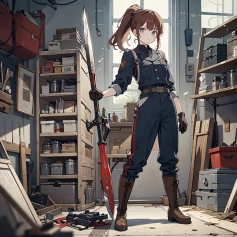 solo1.3、Mysterious Girl 1 .5、Reddish brown hair、long ponytail1.5、messy hair1.3、 Black Mechanic Machine Cage Hand 1 .2、 Black Mechanic Machine Boots 1 .1、loose fit combat uniform made of antique leather1.3、 Mechanics Thin Rod-shaped Weapon 1.5、