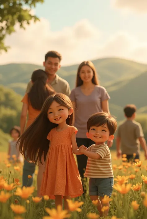 A girl and a boy standing with a family in the background