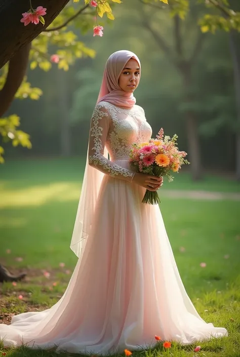 beautiful bride, hijab, full body, nudity, see-through dress, without underwear, park outdoor, wedding ceremony, holding flower, natural lighting, vivid colors, soft focus, sexy