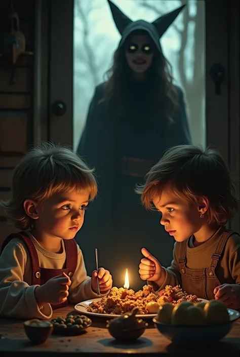 Plan moyen - Plongée - Travelling arrière
Les enfants sont absorbés dans leur festin. En arrière-plan, une ombre inquiétante apparaît à la porte de la maison. La sorcière, cachée dans l’ombre, observe Hansel et Gretel avec un sourire sinistre. Sa silhouett...