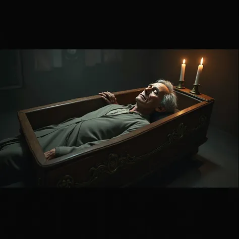 picture of an old man lying in a coffin, he is dead