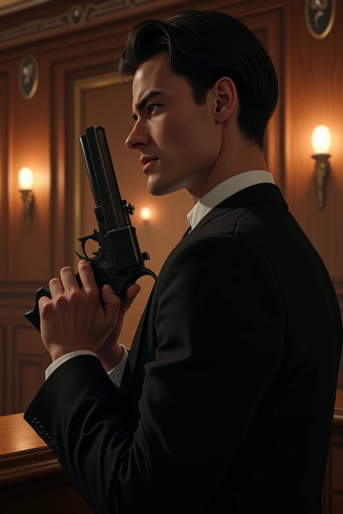 Medium build male with short black hair wearing black suit and Kane standing in a 1930s speakeasy close up 