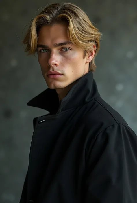 Make a young 18 year old man of russian asian mix where his handsome face with firm lines is typical of russian descent. Tall and strapping body , coupled with slightly disheveled golden blonde hair. With a cold aura and a keen gaze 