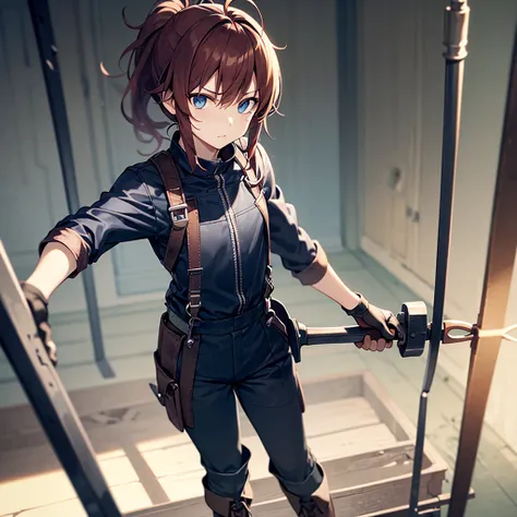 solo1.3、Abandoned City 1 .8、 Mysterious Cute Girl 1 .5、Reddish brown hair、 Dark Light Blue Eyes 1 .3、long ponytail1.5、messy hair1.3、 Black Mechanic Machine Cage Hand 1 .2、 Black Mechanic Machine Boots 1 .1、 Relaxed Battle Suit Made of Antique Leather 1.3、 ...