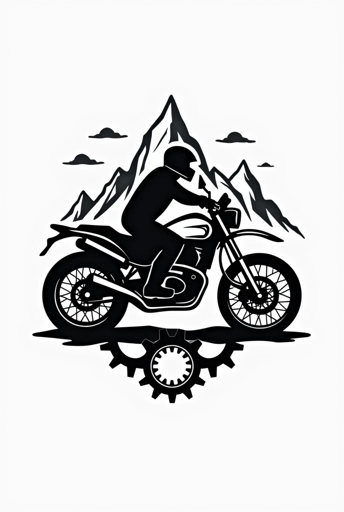 Create Motorcycle logo with balck and white colour named Northern Bikers with mountain at background and sprockets 