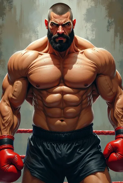 fighting game character, Realistic sketch, Concept art, human, Bright color, Boxing Champion, Red Boxing Gloves, Black trunk, no shirt, sweaty, adult, fierce face, bearded, muscular!!!, big boddy, (soli), Short hair, buzz, in boxing ring, Rough, Fine lines...