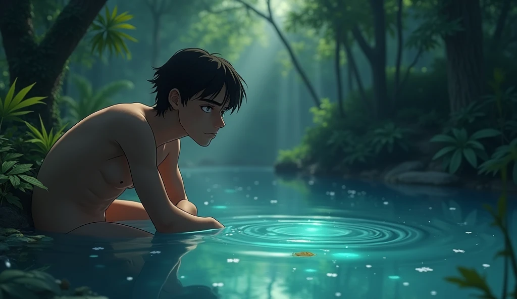 An animated depiction of Narcissus’s reflection morphing into modern beauty culture. The scene shows Narcissus leaning over a crystal-clear pool surrounded by lush greenery, but as he stares, his reflection turns into scrolling selfies, beauty ads, and fil...