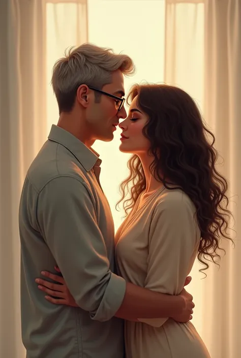 Couple man and woman, in romantic situation .  40-year-old man short black and gray hair ,  with glasses and fair skin .  30-year-old woman black hair and blond highlights,  curly hair ,  with glasses and light brown skin 