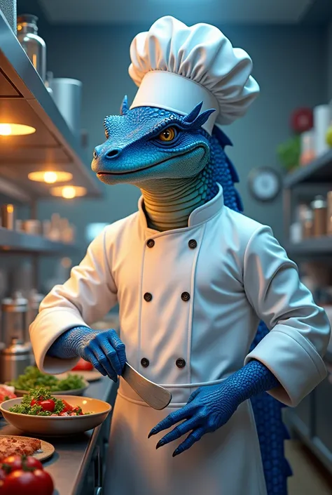 Chefs Suit, kitchen, cooking, blue chromatic dragonborn