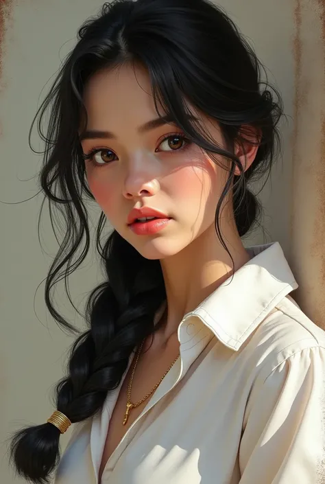 european cowgirl, one braid, black Hair, light eyes, white shirt, light skin,half body, digital art, realism, oil painting art