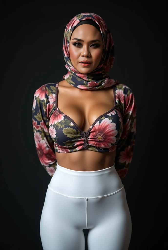 BBW WEARING FLORA PRINT HIJAB, SEXY WHITE HIGH WAIST BOOTCUT YOGA PANTS,  KEDUA BELAH TANGAN DILETAK DIBELAKANG PUNGGUNG. DARK BACKGROUND, FOCUS DEPAN CAMERA LARGE BREASTS 