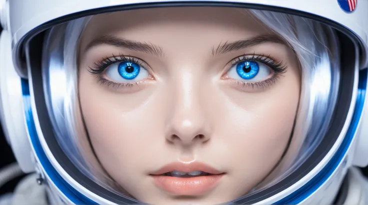 (Close-up of a better masterpiece:1.5)0.9], (Space and astronauts:1.2) (Messy silver hair:1.1) (Heterochromia xanthochromia and blue eyes:1.2) (Space Helmet:1.0) (Colored stars in the eyes:1.0) (A radiant glow:1.1) (thick lips:0.9)