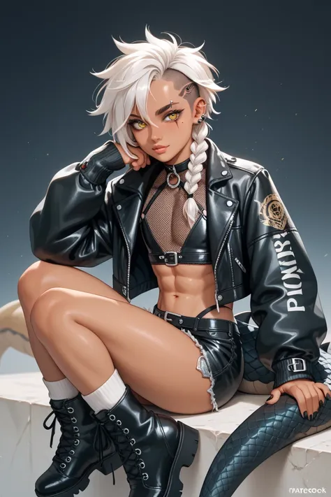 Femboy, human torso and head, scaled dragon legs and tail, solo character, black scales, white hair,  longish step mull hair, small braid on left side, rascal, bold, golden eyes, tan skin, masterpiece, best quality, eye scar, beauty marks, tattoo on right ...