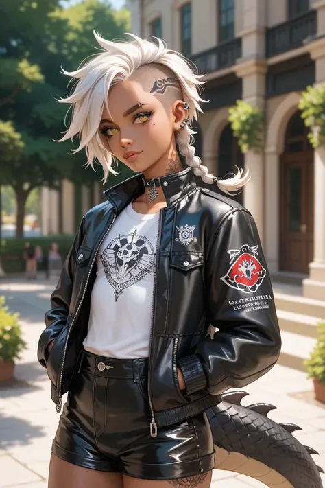 Femboy, human torso and head, scaled dragon legs and tail, solo character, black scales, white hair,  longish step mull hair, small braid on left side, rascal, bold, golden eyes, tan skin, masterpiece, best quality, eye scar, beauty marks, tattoo on right ...