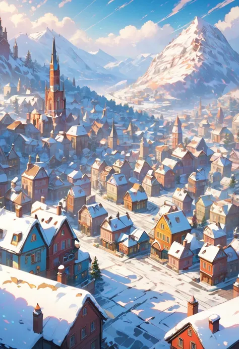 Landscape, town with beginning of snow, snow not on the ground or on buildings, fantasy, fantastic colors, front composition