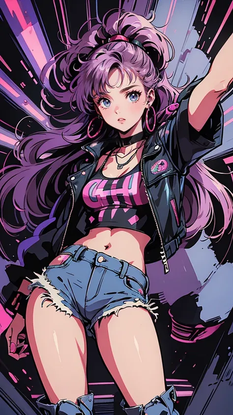 A 22-year-old female with vibrant, curly hair dyed in neon pink and purple streaks, dressed in a retro, futuristic punk style. She wears a black leather jacket adorned with silver studs over a bright neon tank top, paired with ripped jeans and chunky boots...