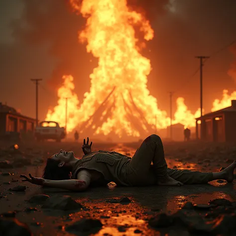 Create an image for me with a person lying on the ground laughing dead with a big fire in the background 