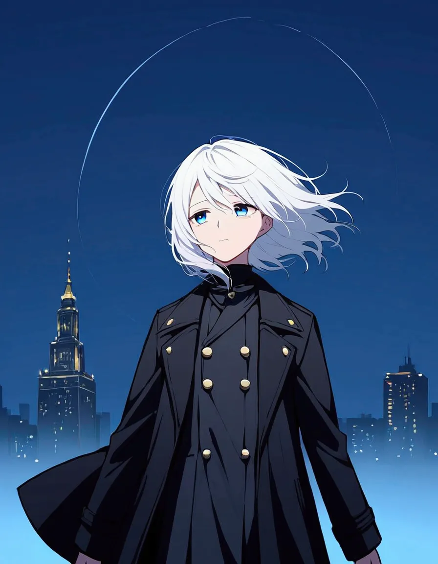 a girl, short white hair, blue eyes, long black coat, coat billowing in the wind, night scene, in the city, sad eyes