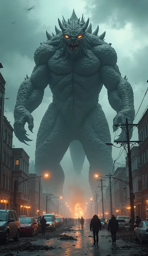 A gigantic kaiju-like monster, towering above the buildings, much larger than any known creature, stomping through a modern town. The monster looks terrifying with menacing eyes, sharp claws, and rough, scaly skin. The town is in chaos with crushed cars, c...