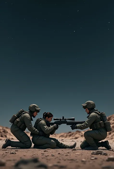  A unique scene ， Female sniper prostrate on the ground ， Hands steady holding sniper rifle ， with their bodies leaning forward but hips high ， Showing focused aiming posture 。 Her male teammates kneeling close to ，One knee on the ground ， One knee raised ...