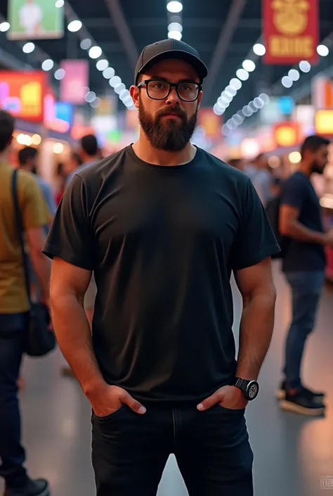 Male 5/9 wearing black T-shirt with black pants and black baseball hat with medium brown Beard and mustache and Thick Black Glasses with Comic con in the background 