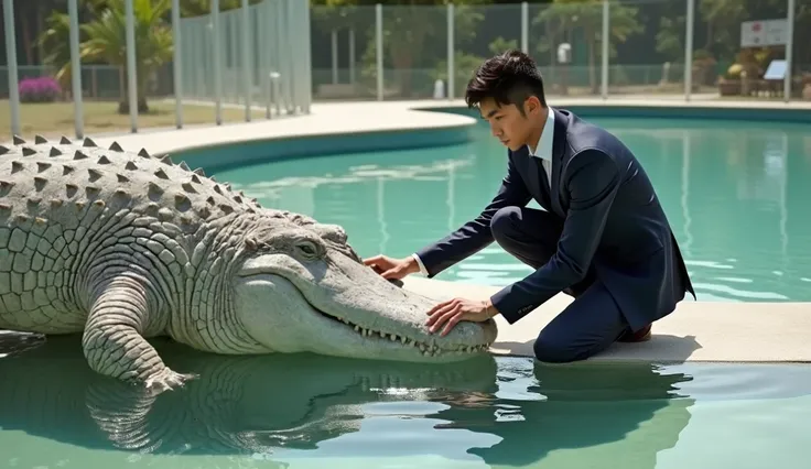 "((ultra-realistic photo)) A young, handsome Indonesian man, 25 years old, with fair skin and a formal suit, crouches down, gently petting the head of a giant, massive white crocodile. The crocodile appears fierce yet calm, its large size contrasting with ...