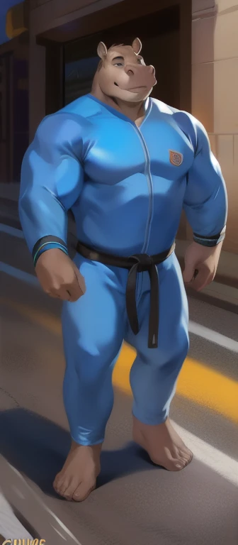   alone  ,female , Hes standing, hes a martial artist in martial arts..road, hippo,   Blue Military Spacesuit, Heavy load , muscles bound , quiet ,by chunie  