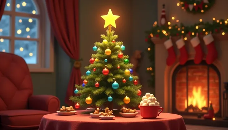 A  in 3D Disney Pixar cartoon style placing the shining star on top of a Christmas tree beautifully decorated with colorful baubles and twinkling lights. Next to it, a table with Christmas sweets and a mug of hot chocolate with marshmallows, bringing a fes...