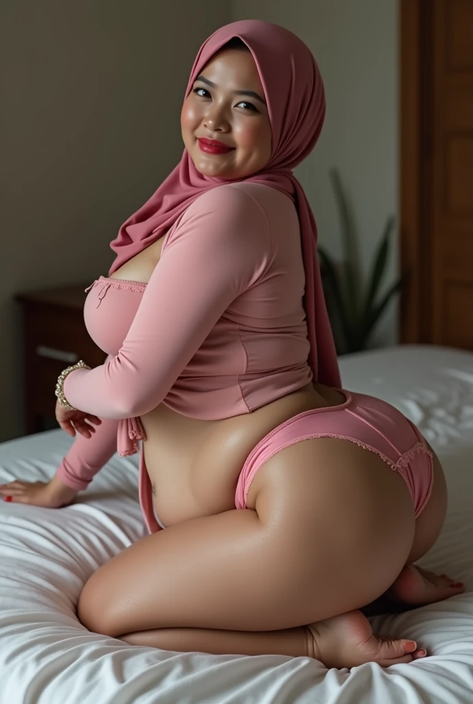 mature woman wearing a hijab (pasminha) (pink), from Indonesia, wearing classic brief transparent pink panties ((big round buttocks)) ((bulging round breasts, breasts wet with oil)), thick pink lips, reddish smile( (greasy face), posing on his knees, body ...