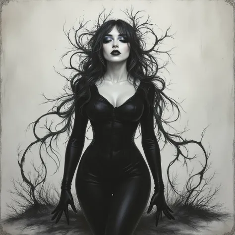 A captivating full-body digital artwork showcasing a pale-skinned woman with striking, gothic features. Her closed eyes are emphasized by bold, sweeping black eyeliner and thick, dark lashes, contrasting sharply with her smooth complexion. Her lips are coa...