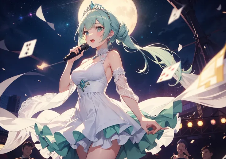 A songstress with a diamond secret
A beautiful girl with mint green hair tied up in an updo and a diamond-shaped tiara. Her pure white dress is decorated with diamond motifs, and she sings confidently on stage. In the background is a night sky with diamond...