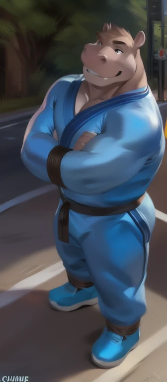   alone  ,female , Hes standing, hes a martial artist in martial arts..road, hippo,  Blue Military Spacesuit, Heavy load , muscles bound , quiet ,by chunie  