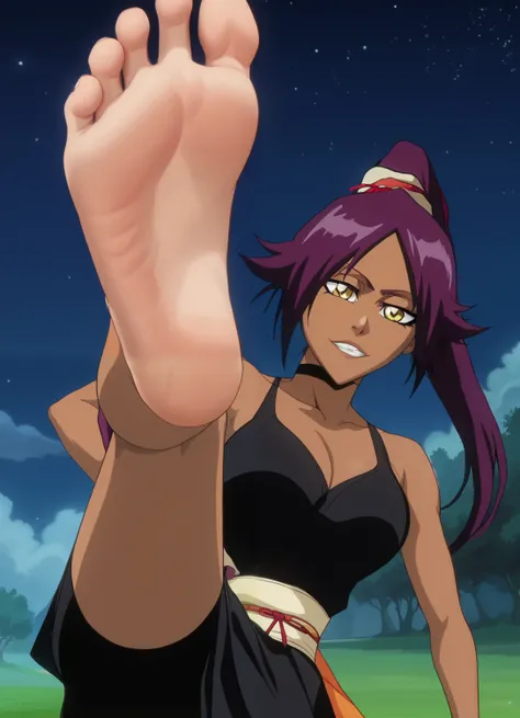 Source_anime, score_9, score_8_up, score_7_up, anime screencap, 8k, absurd res, Yoruichi Shihouin, bleach, 1girl, solo, dark purple hair, official style, barefoot, soles, foot focus, night, in the meadow, standing, lifting one leg to show her soles, lookin...