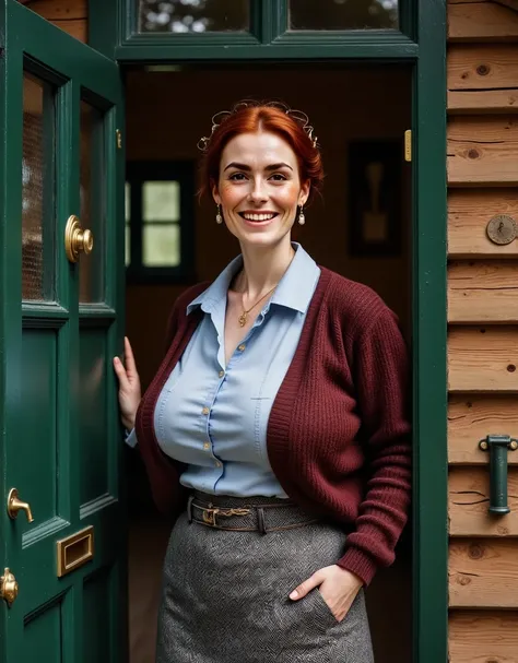 Photorealistic picture featuring a beautiful british woman standing next to an opened front door of a rustic Victorian wooden house, green front door, brass knocker. She has a happy smile. shes with brown eyes, downturned eye shape. She has high cheekbones...