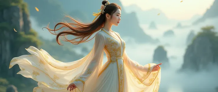 A breathtakingly beautiful female character named Xiao Qiao, inspired by Chinese fantasy aesthetics. She has long, flowing, silky hair in chestnut brown, gently tied with a golden ribbon, cascading like a serene river. Her oval-shaped face is flawless, wit...