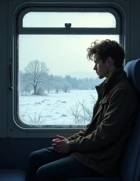 portrait, young man rides in a train compartment , sitting next to the window. looks out the window.  outside the window is a vast snowy frosty landscape ,  focus on snowfields under the winter sun outside the window, longing and loneliness , close-up