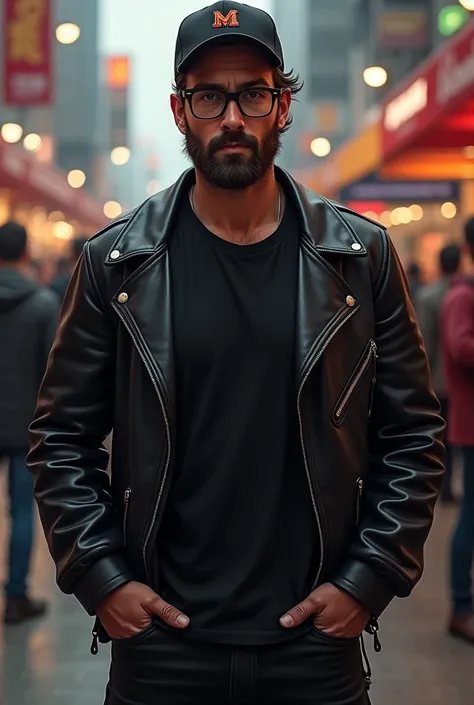 Male 5/9 thin build wearing black T-shirt with black pants and black leather jacket and baseball hat with medium brown Beard and mustache and short brown spikey hair Thick Black Glasses with Comic con in the background realistic facing the camera 