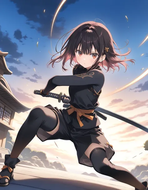 1girl, little female, shorts, katana, fighting pose, battoujutsu stance, outdoors,wind, fantasy, game CG, break,((artist:mitsumi_misato)),(artist:fujiyama),(artist:suzumori),(masterpiece), (best quality), (ultra-detailed), very aesthetic, newest, cool illu...