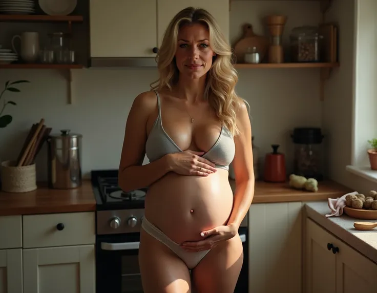 Nude pregnant middle-aged blond woman without panties with spread legs standing in the kitchen.
