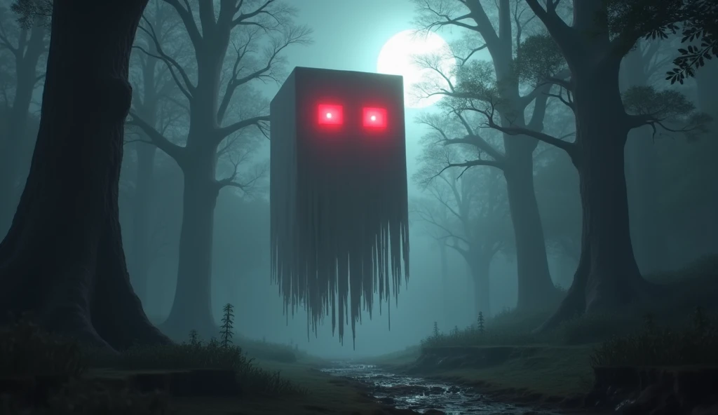 

"A realistic interpretation of a Minecraft Ghast in a real-world setting. The Ghast appears as a massive, ghostly, cube-shaped creature with smooth, pale, and slightly translucent skin, floating silently in the middle of a dark, foggy forest. Its glowing...