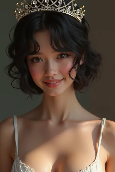 Photorealistic, Tiara, Close-Up, Light Smile, Breasts, Short Hair, High Resolution, Solo, shy, naughty secrets, accidental exposure of flat chest amd bald vagina