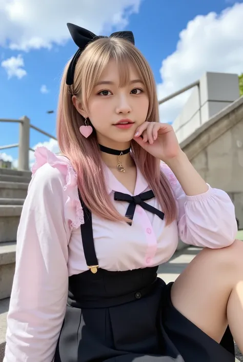 One girl, gal、1Girl,sitting,from_below,wide_shot,.
make-up, portrait photo, shy, (gold, pink hair, two-tone hair), long hair, black ribbon, Jirai Kei, (cross lace dress, pink shirt, long sleeves, ruffle sleeves), ruffles, black bow tie, black skirt, heart ...