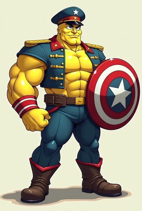 The burly spongebob wears an American captain costume, and holds a shield