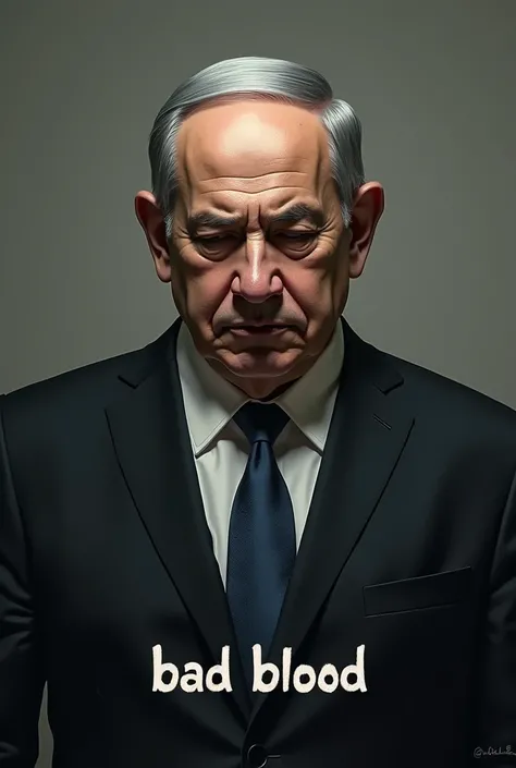 A picture of Netanyahu who is sad and the word “bad blood” is written at the bottom of the picture