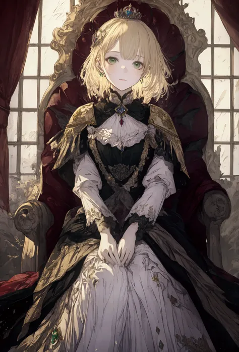 ((masterpiece)), (Highest quality), Official Art, Highly detailed CG, unity 8k wallpaper, Super detailed, View from below、short blonde hair,green light eyes
Highly detailed full body glamour photos by rpgroyalty, Sitting on the throne, Crown, jewelry, tiar...