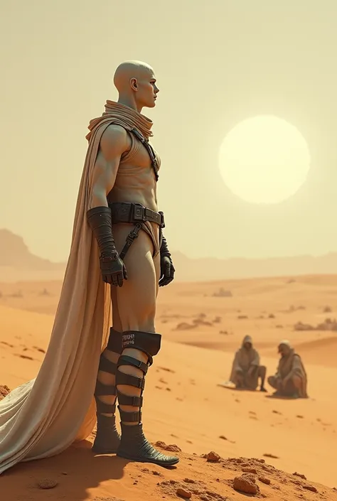  A man in tight futuristic clothes from the desert of Arrakis, white skinned man,  standing looking at the horizon ,  stylized dagger at the waist , attentive posture , high resolution image, Relentless Sun ,  3 people squatting behind far  