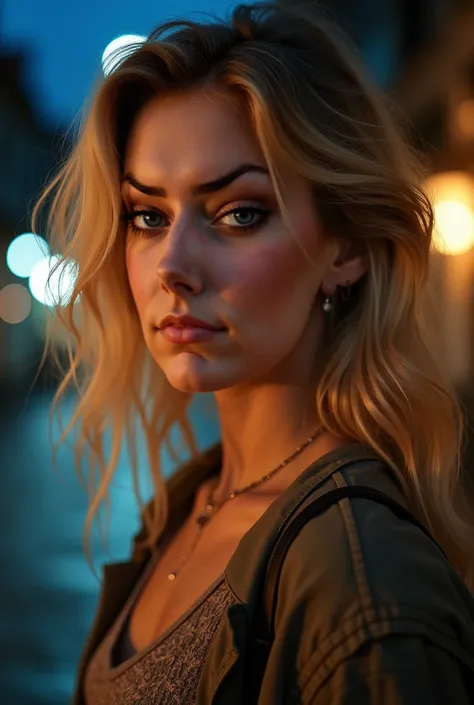 (Selfie, Plan: 1.4), (Right half of body: 1.4), RAW UHD photo portrait of a 30-year-old blonde (Woman with deep blue eyes) ((very fine and very elongated face, very fine nose)) Walking in a dark alley, City at night, (Rock), (Neckline), specific features (...