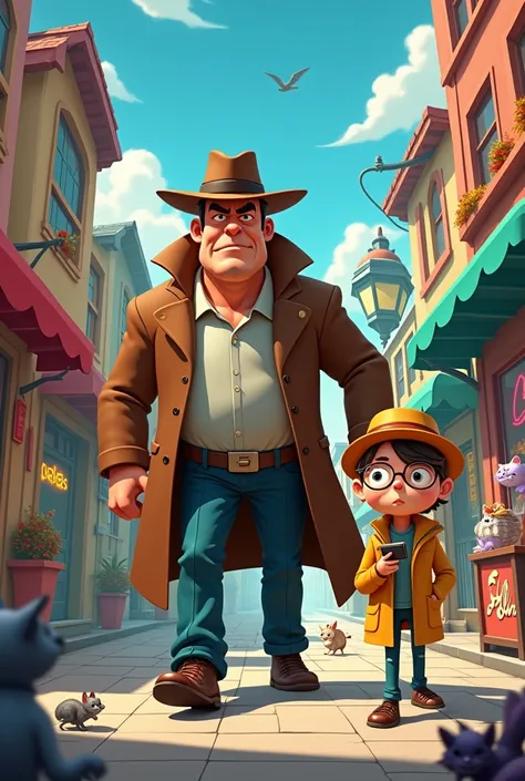 Two detectives one tall one short investigating around town animation