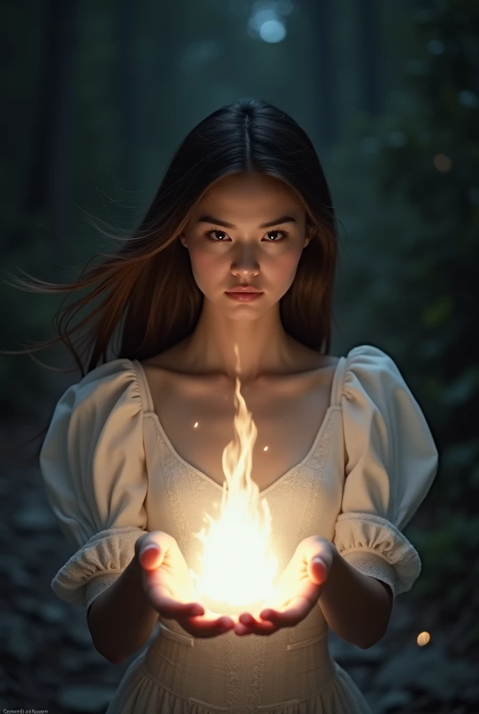 A young woman standing in the center of the frame, poised as if reaching out to grasp light. The background is dark with a glowing light source in front of her. Her body language conveys grace and determination, as if she’s about to interact with the light...